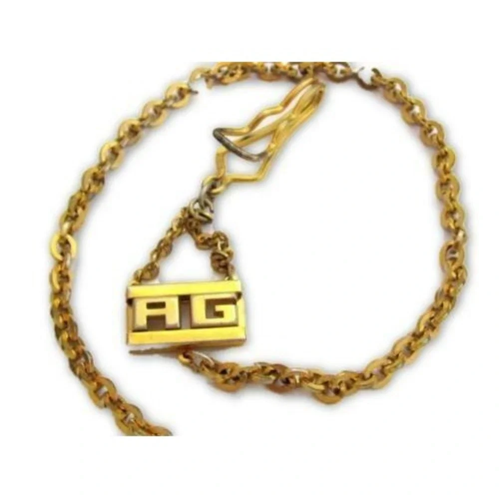 Antique Pocket‎ Watch Chain Monogram AG Initials Gold Plated w/ Keychain + Clip